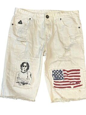 DNM Collection Mens White Distressed Denim Shorts Graphic Patches Size 34